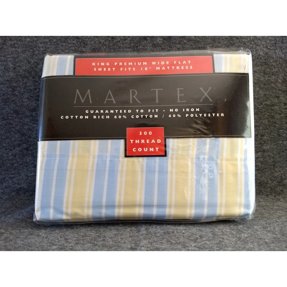 Martex King Premium Wide Flat Sheet Serenity Stripe Soft Yellow Blue 300TC NOS